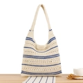 Bolso hobo tejido a mano en color beige con rayas azul oscuro para vacaciones - Raya Azul