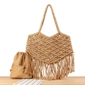 Borsa a mano bohémien in corda di cotone intrecciata con lunghe frange e sacchetto interno - Cammello + Borsa Interna