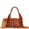 Handmade caramel brown woven tote bag with long tassels and a matching canvas inner pouch - Red Brown