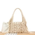 Handmade macrame tassel tote bag in cream white with a canvas drawstring inner pouch - Off White