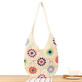 Borsa hobo all'uncinetto fatta a mano con motivi colorati di girasole in stile boho crema - Uncinetto Multicolore Beige