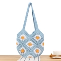 Hellblaue gewebte Baumwollschultertasche mit weiß-gelben Gänseblümchenmustern - Blau