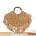 Sac bohème en coton tissé avec longues franges et poignée ronde en bois - Camel