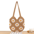 Braune Baumwollkordel-Tasche mit weißem Häkel-Gänseblümchen für den Sommerstil - Camel