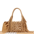 Khaki hand-woven tote bag with fringe details and inner pouch for daily beach vacation - Camel