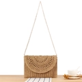 Beige Häkel-Umhängetasche mit goldener Kette und böhmischem gewebtem Textur-Design - Camel