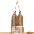 Handmade woven tote bag with beige tassels, beaded shoulder strap and dark round handles - Camel White Striped with Camel Liner