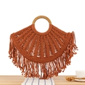 Sac tissé à la main marron caramel avec poignées rondes en bois et franges bohèmes - Brun Rouge