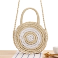 Borsa rotonda in paglia fatta a mano con motivo a righe e doppia tracolla sottile - Beige
