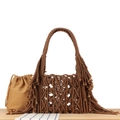 Brown handmade macrame tote bag with long tassels and khaki canvas drawstring inner pouch - Dark Coffee