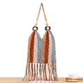 Handmade woven tote bag with colorful stripes, long tassels and wooden bead handle - Red White Blue Striped with White Liner