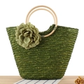 Dark green hand-woven straw bag with a large floral detail and round wooden handles - Army Green