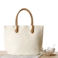 Straw tote bag in beige paper rope with brown leather handles for summer travel - Off White