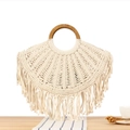 Sac à main bohème en coton crème tissé avec anses en bois et longues franges élégantes - Blanc Cassé