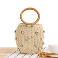 Zylindrische Strohtasche mit glitzernden Strasssteinen und rundem Holzgriff für Strand - Beige