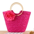 Handmade straw woven bag in deep pink with flower decor and round wooden handle - Rose Red