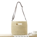 Beige paper rope woven bucket bag with brown leather strap for summer vacation - Beige