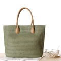 Olive green woven straw tote bag with brown faux leather handles for beach trips - Army Green