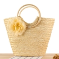 Handmade straw tote bag with round bamboo handles and a yellow flower detail - Natural Straw Color