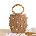Handwoven cylindrical straw bucket bag with sparkling rhinestone accents and top handle - Camel