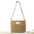 Natural paper rope woven crossbody bag with brown leather strap and rectangular handle - Tan