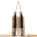 Handmade bohemian woven tassel handbag in beige black and brown vertical stripes - Black White Striped with Camel Liner