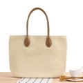 Minimalist beige woven paper rope tote bag with brown faux leather handles for women - Beige