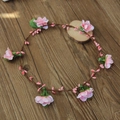 Floral bridal wreath headband with pink flowers and green leaves on brown vine - Pink