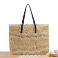 Borsa tote in paglia intrecciata a mano beige con manici in pelle marrone scuro - Beige