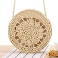 Sac rond en paille beige avec motif ajouré pour les vacances à la plage et au quotidien - Beige