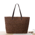 Sac fourre-tout minimaliste en paille café foncé avec anses en cuir pour la plage d'été - Brun Foncé