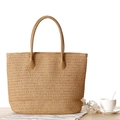 Straw paper rope tote bag with round PU handles in natural khaki for summer beach travel - Camel