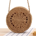 Sac à bandoulière rond en paille bohème avec motif ajouré radial en marron clair - Camel