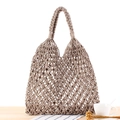 Handmade woven tote bag in taupe brown with hollow mesh design and braided handle - Gray