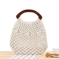 Sac bohème fait main en corde de coton crème avec anses en bois marron foncé - Blanc