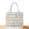 Silber gewebte Strandtasche mit weißem Innenfutter und stilvoller Netzstruktur Design - Silber