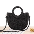 Black woven half-moon straw handbag with round handle and shoulder strap for beach - Black