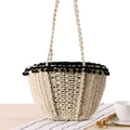 Straw tote bag in cream white with black pom-pom trim and long shoulder straps - Beige