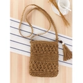 Brown handmade woven hollow flower beach bag with wood bead tassel and woven strap - Camel