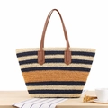 Gestreepte geweven strandtas met marineblauwe patronen en bruine leren handvaten - Color Block Strepen (Marine/Beige/Karamel)