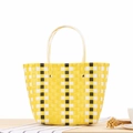 Plaid woven beach tote in yellow, white and black colors with reinforced handles - Yellow