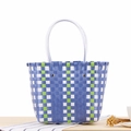 Handwoven blue white and green checkered tote bag with clear handles on wooden table - Blue