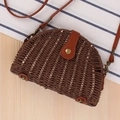 Brown woven half-moon crossbody bag with white stripes and faux leather shoulder strap - Dark Brown