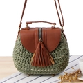 Borsa a tracolla intrecciata verde oliva con patta in pelle marrone e doppie nappe - Verde Militare