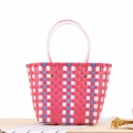 Colorful checkered woven tote bag in pink, blue and white for beach or shopping - Rose Red