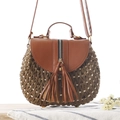 Borsa a tracolla in corda di carta intrecciata marrone con finiture in pelle e nappe - Marrone Scuro