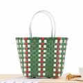 Handwoven green plaid beach tote with red and white stripes and white tube handles - Green
