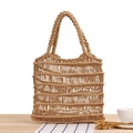 Handgefertigte khakifarbene Baumwoll-Netztasche mit Flechtgriff im Boho-Strandstil - Camel