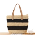 Minimalist striped woven paper rope tote bag with brown faux leather handles in beige and black - Beige