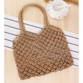 Handmade brown paper rope hollow woven tote bag with handle in a natural tan finish - Camel (Short Strap)